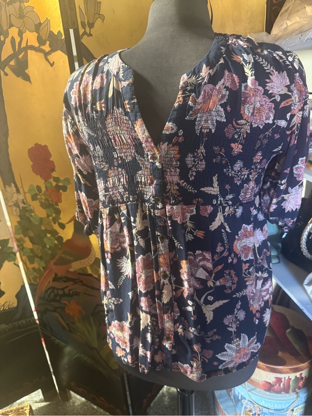Knox Rose Navy Floral Smocked Button-Up Tunic- Large